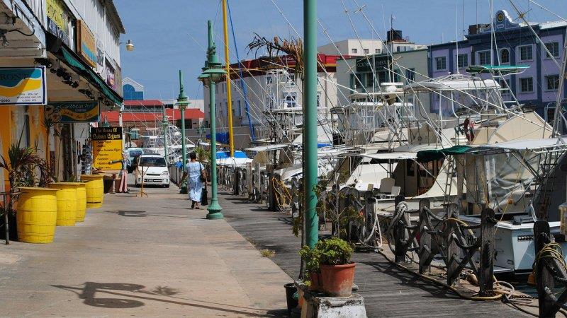 ボートが並ぶ波止場と色鮮やかな街並み(カリブ海の港町)
