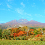 紅葉に彩られた妙高山といもり池